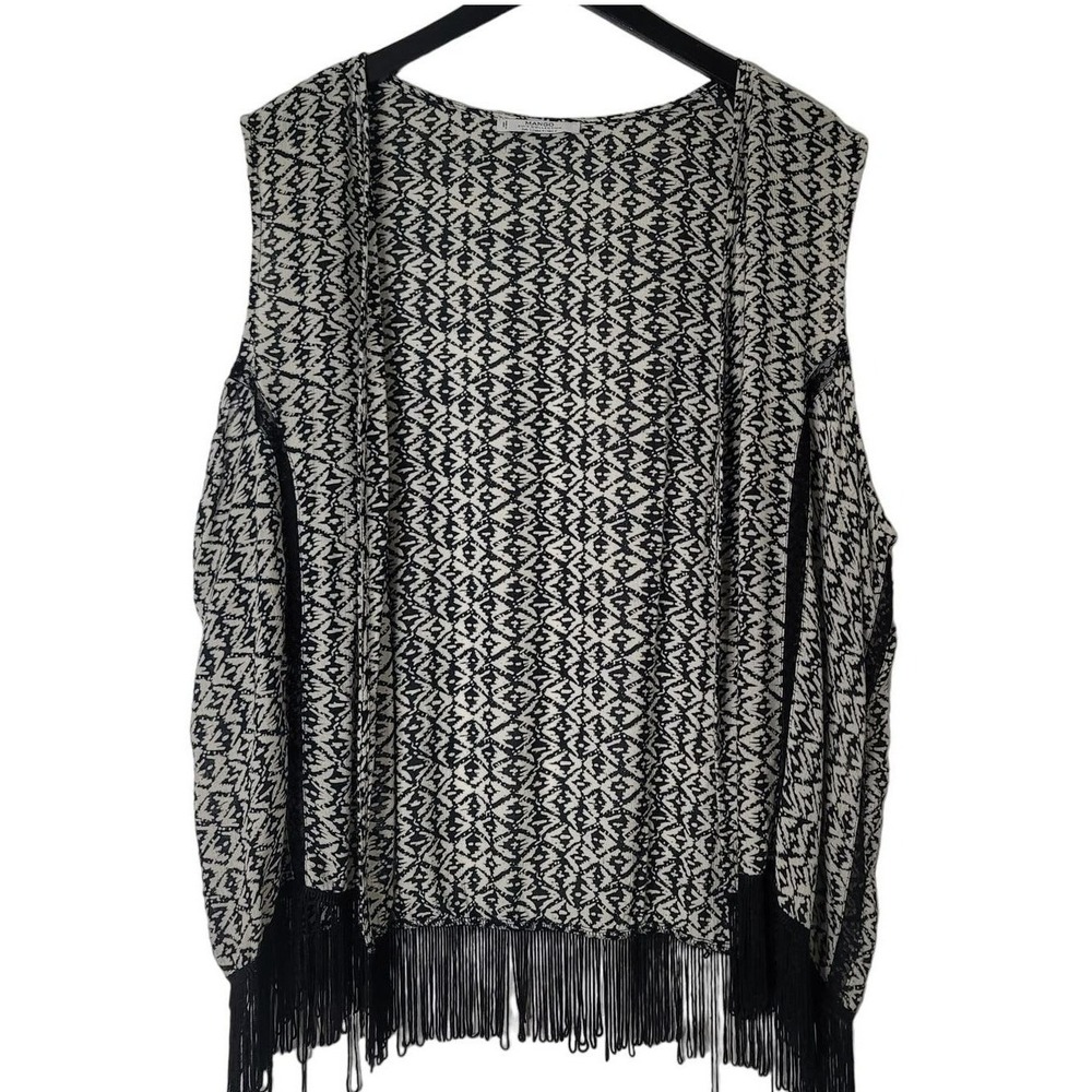Mango Suit Collection Vest Black Tribal Open Front Fringed Hem Western Boho L
